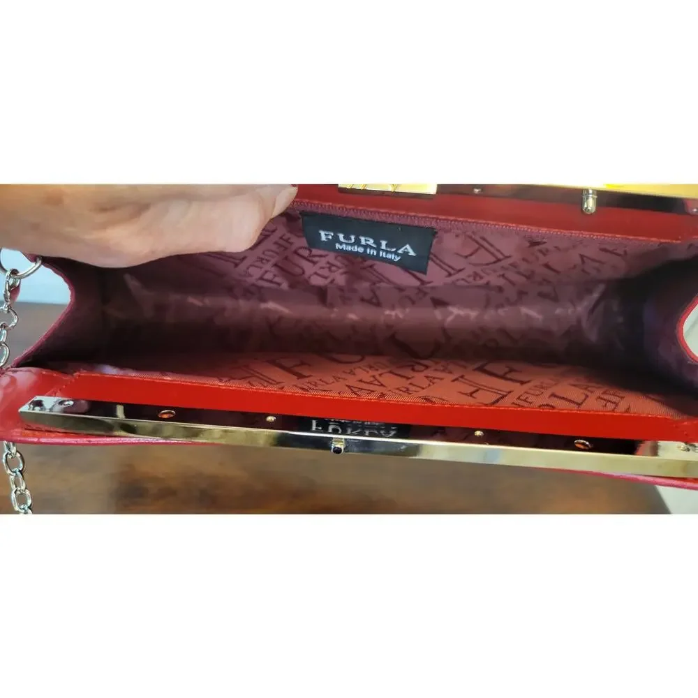 FURLA Red Clutch Luxury Bag with Metal Strap